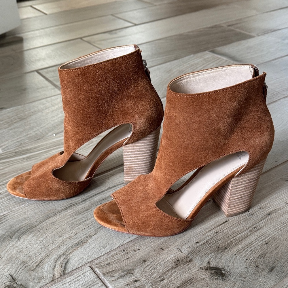 PAIGE Tan Suede Open-Toe Heels